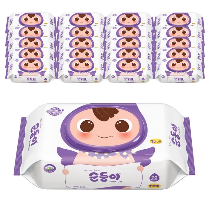 순둥이 프리미엄 엠보싱 아기 물티슈 캡형 65평량, 70매, 20개