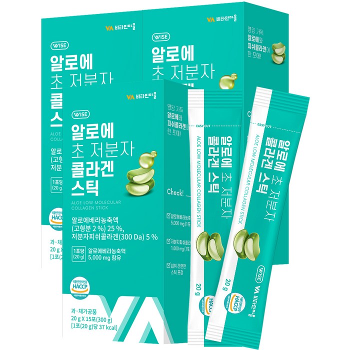 비타민마을 와이즈 알로에 초 저분자 콜라겐 젤리 스틱 15p, 3개, 300g 대표 이미지 - 콜라겐 젤리 추천