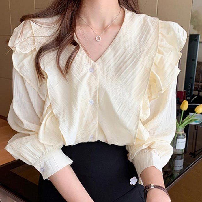 페이퍼먼츠 여성용 프릴 브이넥 하객룩 긴팔 블라우스 13722 대표 이미지 - 벌룬블라우스 추천