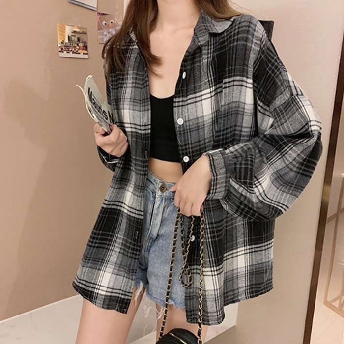 레몬소울 여성용 바겐 베이직 루즈핏 체크 셔츠 대표 이미지 - 롤업 셔츠 추천