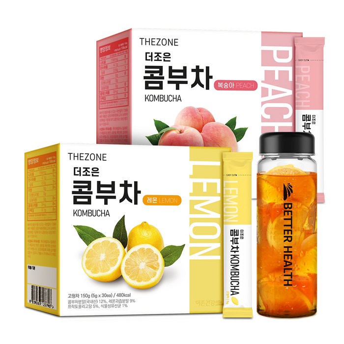 더존건강 더조은 콤부차 레몬 5g x 30p + 복숭아 5g x 30p + 보틀 300ml, 1세트 대표 이미지 - 빠니보틀 추천