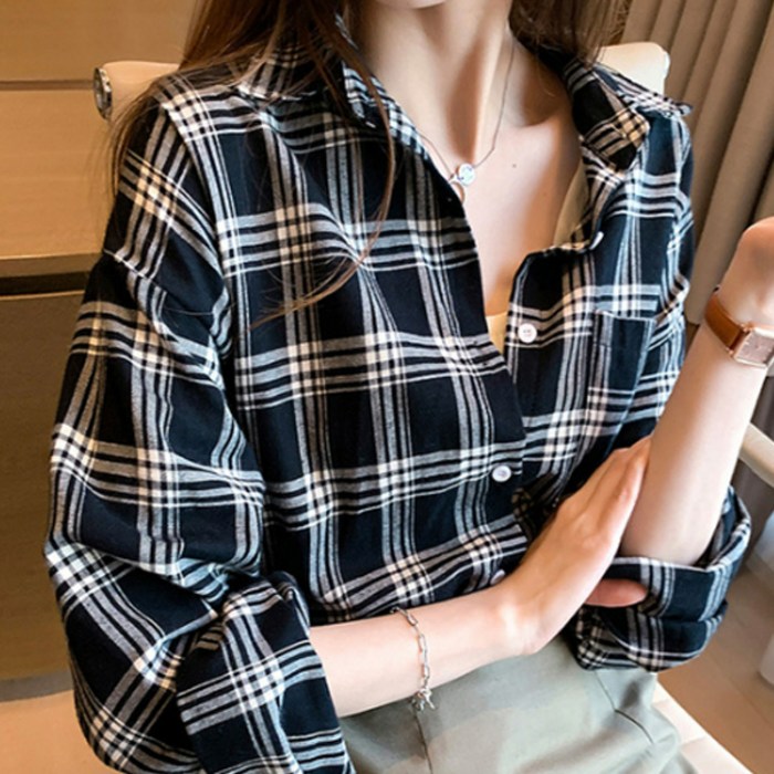 더시럽 여성용 빈티지 루즈핏 체크 셔츠 대표 이미지 - 롤업 셔츠 추천