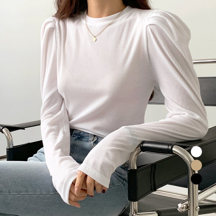 바블링브룩 여성용 골지 퍼프 라운드 티셔츠 대표 이미지 - 퍼프티 추천