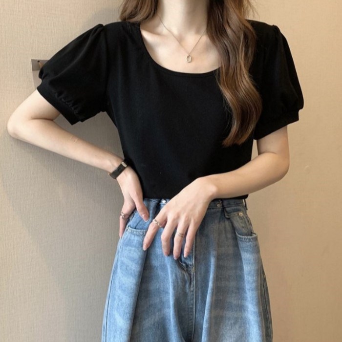 모네타 여성용 베이직 숄더 퍼프 반팔 티셔츠 대표 이미지 - 퍼프티 추천