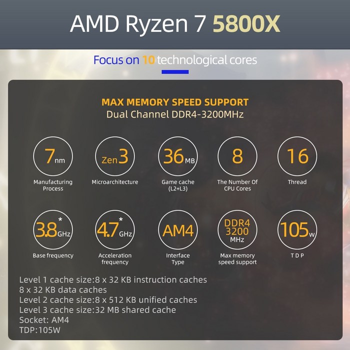 CPU AMD-새로운 Ryzen 7 5800X R7 CPU 프로세서 AM4 3.8GHz 8 코어 16 스레드 100-000000063 오피스 데스, 한개옵션0 대표 이미지 - AMD 5600X 추천