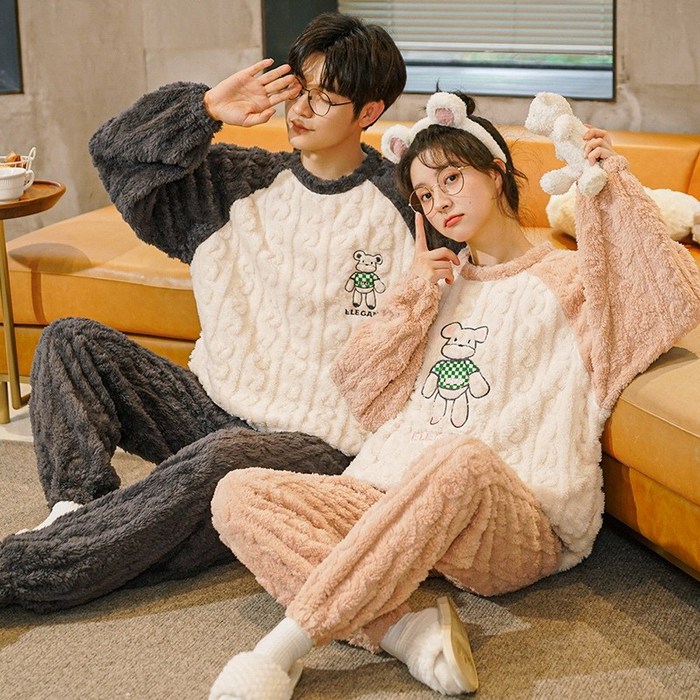 ANYOU커플 잠옷 가을과 겨울 두꺼운 따뜻한 산호 양털 여성 만화 겨울 플란넬 남자 홈 슈트 귀여운 커플 잠옷 세트 캐주얼 긴팔 홈웨어 상하세트 홈웨어실내복홈웨어 대표 이미지 - 귀여운 잠옷 추천