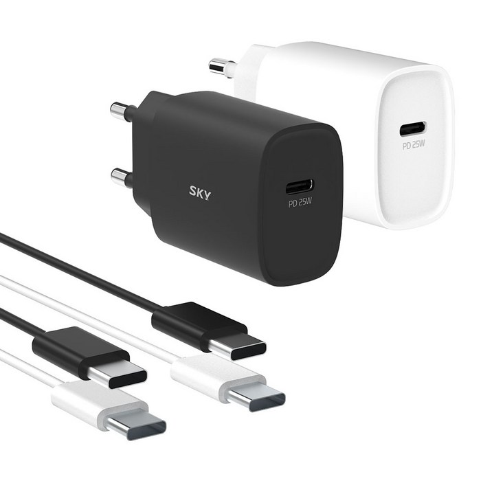 스카이 필 초고속 충전 어댑터 USB Q1X 25W PD + 케이블 세트, 블랙 + 화이트, 1세트 대표 이미지 - 스카이 충전기 추천