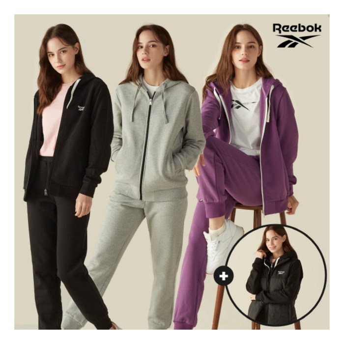 [리복(REEBOK)] 리복 여성 패딩베스트+ 기모셋업(상의+하의) 3종 SET 대표 이미지 - 트레이닝복 셋업 추천