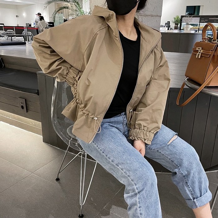 [비비애르] 프릴 스트링 후드 숏 야상 점퍼 봄 간절기 여자야상점퍼 바람막이 얼리버드 대표 이미지 - 여자 봄 자켓 추천