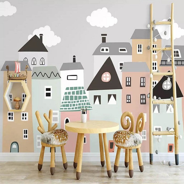 아이 방에 대 한 사용자 지정 벽화 벽지 손으로 그린 작은 집 어린이 침실 장식 벽화 Papel De Parede Self Adhesive|벽지|, 1개, Silk Cloth