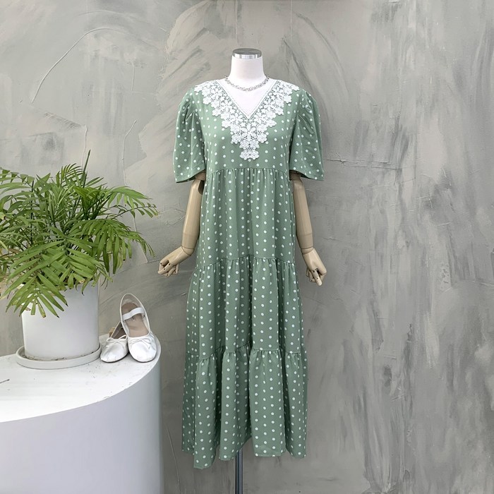 행복여[신상무배]모티브 브이 레이스 도트 땡땡이 티어드 원피스 대표 이미지 - 땡땡이 원피스 추천