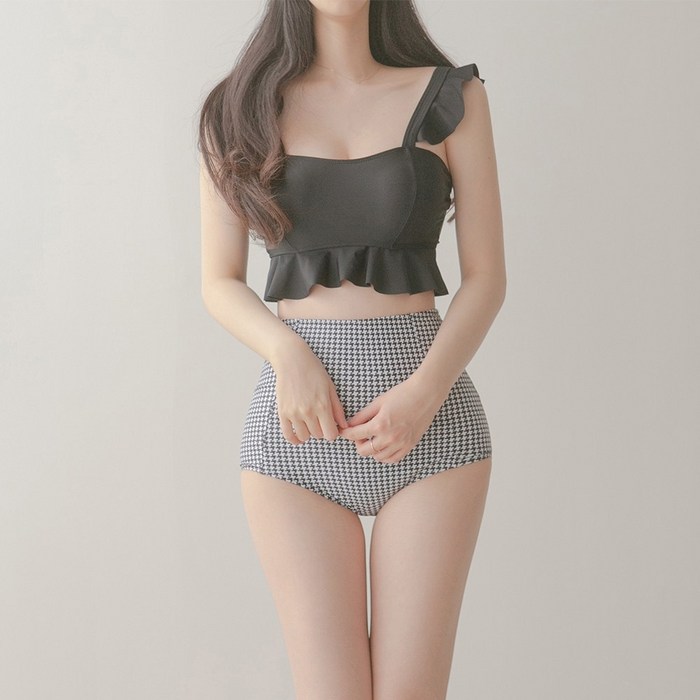 솔라비치 루밍 여성 왕뽕 프릴 하이웨스트 와이어 비키니 원피스 수영복, 블랙 대표 이미지 - 비키니 폴 추천
