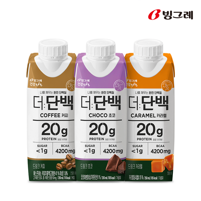 빙그레 더단백 드링크 프로틴음료 250ml 3종 혼합, 초코 6팩 + 카라멜 6팩 + 커피 6팩 대표 이미지 - 더단백 추천