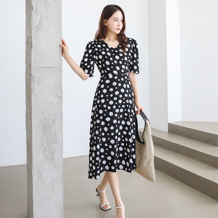 프롬코 자체제작 여성 여름 브이넥 도트 반팔 롱 원피스 대표 이미지 - 땡땡이 원피스 추천