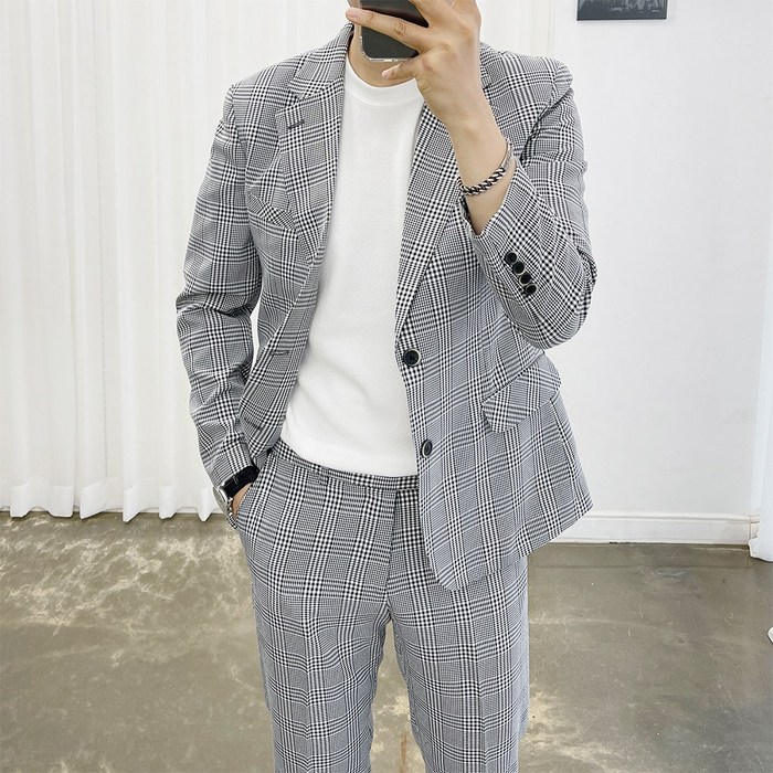 아도르클래식 랜드 글랜 체크 시어서커 한여름 봄 가을 캐주얼 스판 정장 수트 세트 대표 이미지 - 남자 여름 정장 추천