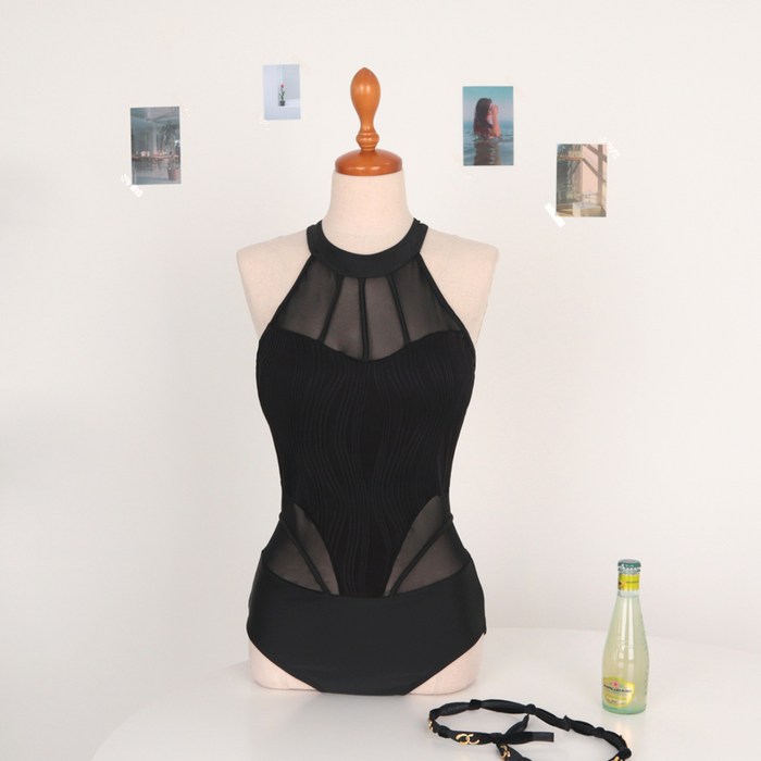 웨이브 시스루 홀터넥 모노키니 트임 호캉스 휴양지 수영복, 블랙 대표 이미지 - 비키니 원피스 추천
