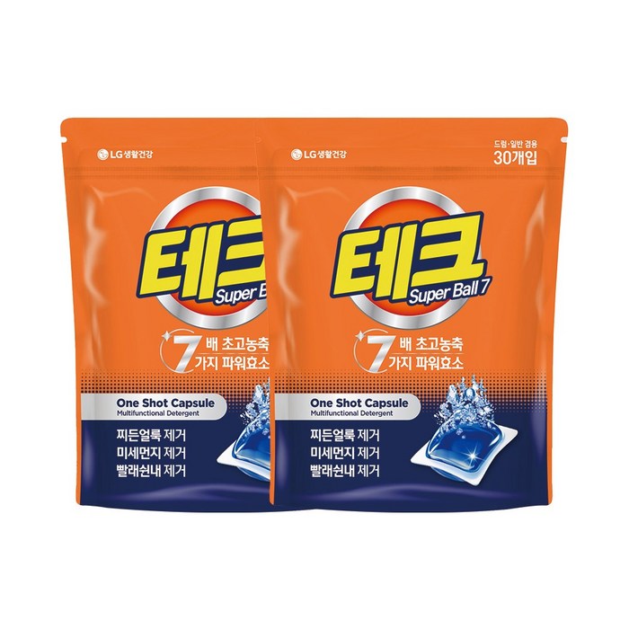 [7배 초고농축]테크 수퍼볼7 캡슐세제 30입*2 강력세탁 미세먼지 찌든얼룩 빨래쉰내 제거 더마테스트 완료, 단품 대표 이미지 - 캡슐 세제 추천