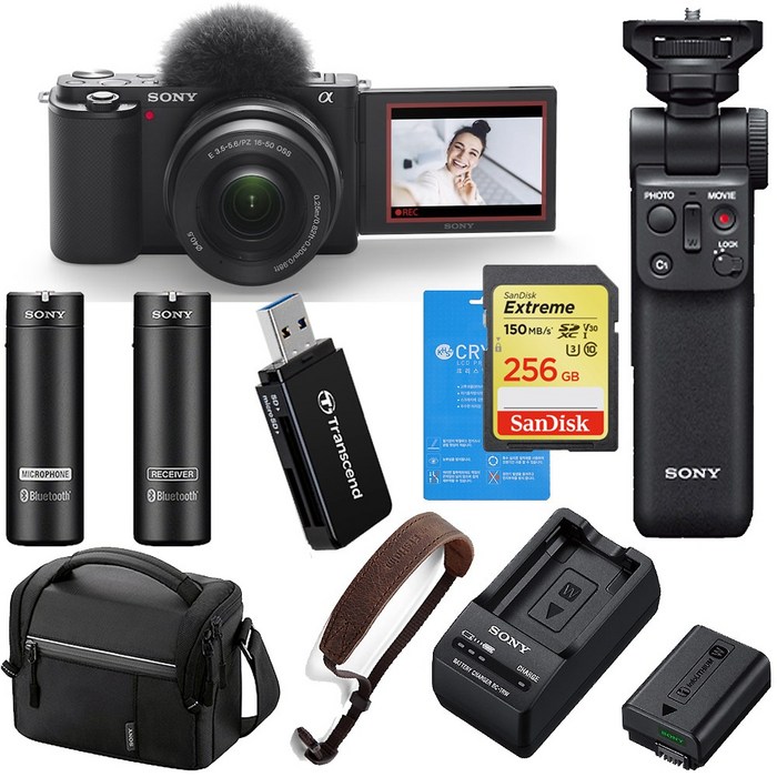 ZV-E10L 16-50mm 렌즈 + GP-VPT2BT 슈팅그립+ECM-AW4 무선마이크+리더기+ 센Ext256G+ 충전기+배터리 +가방+스트랩+ 필름 소니 공식대리점 홍익AV, 블랙 대표 이미지 - 소니 ZV-E10 추천