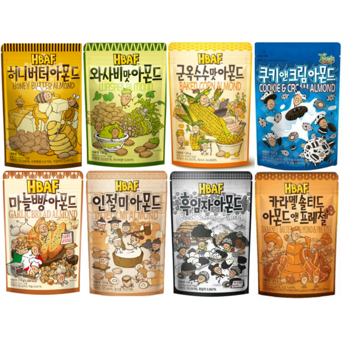 HBAF 바프 길림양행 아몬드 8종 각1입 (허니버터+와사비+군옥수수+쿠키앤크림+마늘빵+인절미+카라멜솔티드 아몬드앤프레첼+흑임자), 1세트 대표 이미지 - 마늘빵 추천