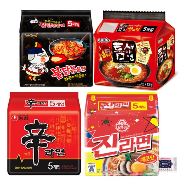 오뚜기 농심 삼양 팔도 매운라면 4종 세트 (진라면 매운맛 5P + 신라면5P + 불닭볶음면5P + 틈새라면 빨계떡5P) + 블루존물티슈, 1세트 대표 이미지 - 신라면 볶음면 추천