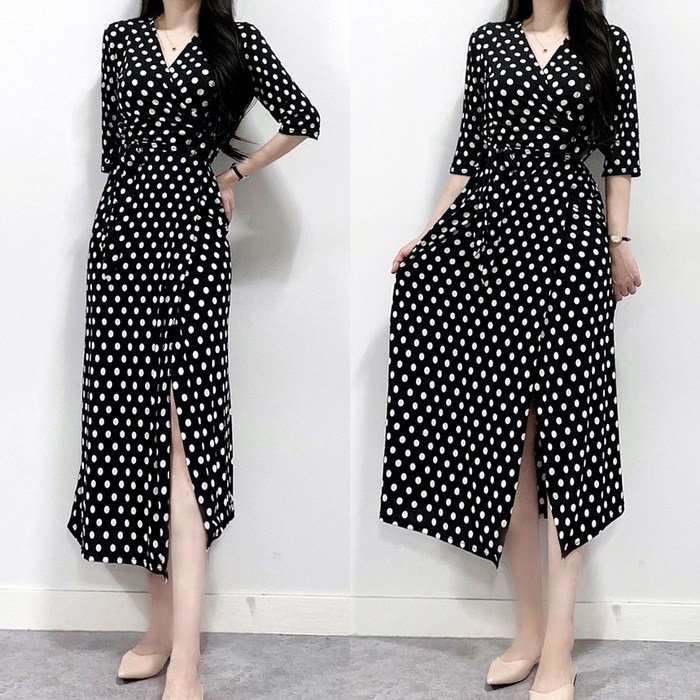매일리룩 도트 브이넥 랩원피스 여름 바캉스룩 스판 맥시 롱 원피스 대표 이미지 - 땡땡이 원피스 추천