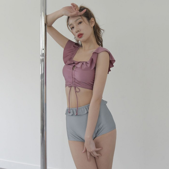 펄 프릴 폴댄스 의상 세트 하이웨스트 비키니 댄스복 폴웨어 폴키니, 핑크그레이 대표 이미지 - 비키니 폴 추천
