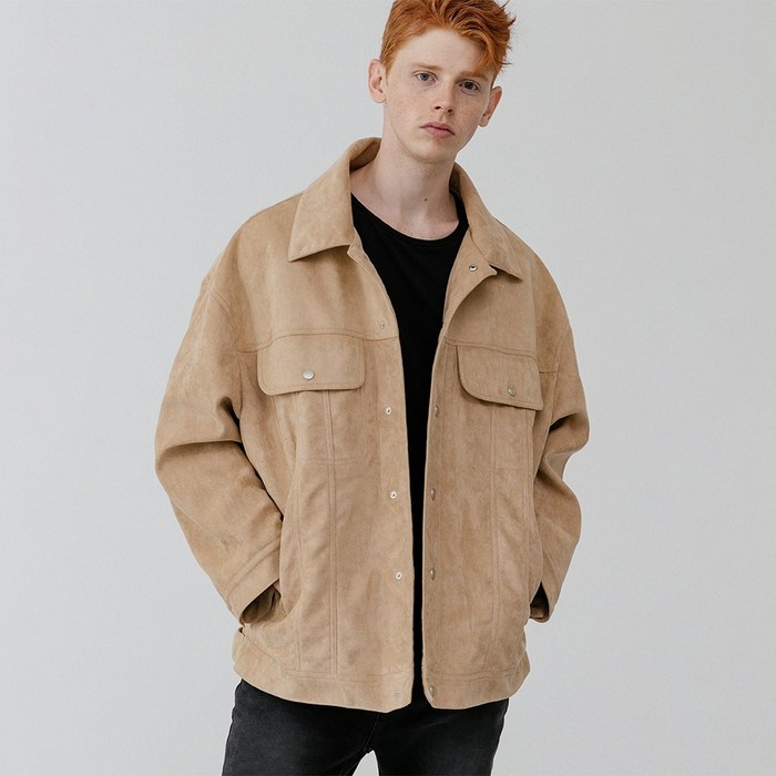 V2 [UNISEX] Overfit suede trucker jacket_beige 대표 이미지 - 남자 스웨이드자켓 추천