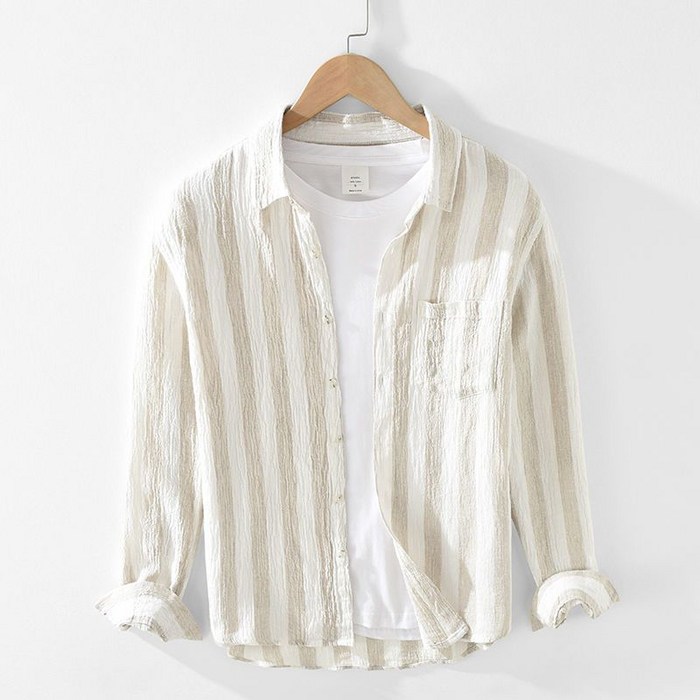 남성용 봄가을 긴팔 셔츠 루즈핏 빈티지 남방 패션 심플 상의 캐주얼 남자 스트라이프 아우터 YHY