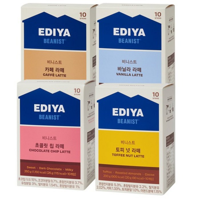 이디야 카페라떼10T+토피넛10T+바닐라10T+초콜릿 10T 총40T, 이디야 카페 4종 대표 이미지 - 토피넛 라떼 추천