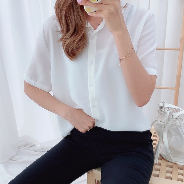 살랑 링클 반팔 셔츠 여성용 여름 카라 남방 블라우스