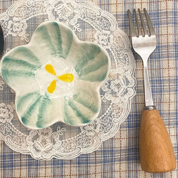 MEIISEO 예쁜그릇 추억의 분식그릇 식기세트 대접 국수그릇 그릇세트, 녹색 꽃 + 포크 대표 이미지 - 국수 그릇 추천