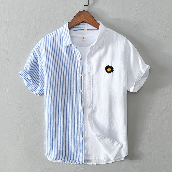 남자린넨셔츠 반팔 와이셔츠 카라넥 반반 스트라이프 자수 포인트 대표 이미지 - 남자 여름 셔츠 추천