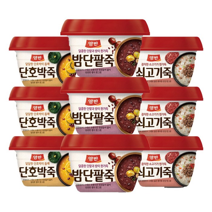 동원양반죽 단호박285g+밤단팥285g+쇠고기287.5g 3개씩, 동원양반 용기죽3종(단호박3개+밤단팥3+쇠고기3개) 대표 이미지 - 호박죽 맛있는 거 추천