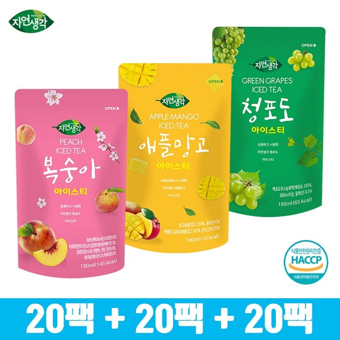 자연생각 아이스티 복숭아 +청포도 +애플망고 (60팩), 60팩, 190ml 대표 이미지 - 청포도에이드 추천