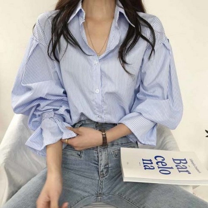 데일로엔 여성용 랜턴 퍼프소매 스트라이프 긴팔 블라우스 대표 이미지 - 벌룬블라우스 추천