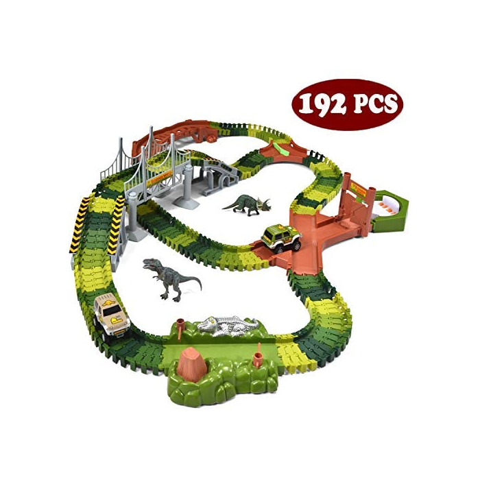 JOYIN Dinosaur Toys 192 Pieces Race Tracks Flexible Train Track Race Car Vehicle Playset with 2 Battery Powered Race Cars and 2 Dinosaur Actions Figur, One Color