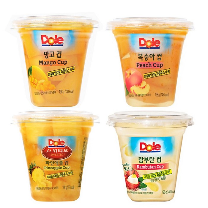 Dole 컵과일 후룻컵 198gx12개 망고컵3개+복숭아컵3개+파인애플컵3개+랍부탄컵3개 간편간식 디저트 슬라이스과일 무배, 12개, 198g 대표 이미지 - 과일컵 추천