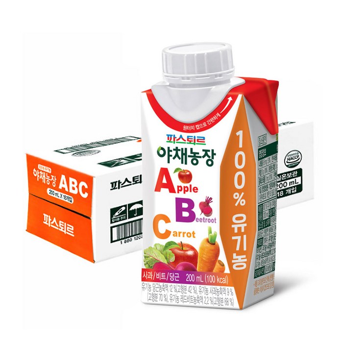 파스퇴르 100%유기농 실온야채농장ABC주스200ml(18팩), 200ml, 18팩 대표 이미지 - ABC주스 추천