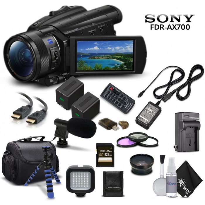 Sony Handycam FDR-AX700 4K HD 비디오 카메라 캠코더 + 추가 배터리 및 충전기 + 3 피스 필터 키트 + 광각 렌즈 + 케이스 +, 단일옵션
