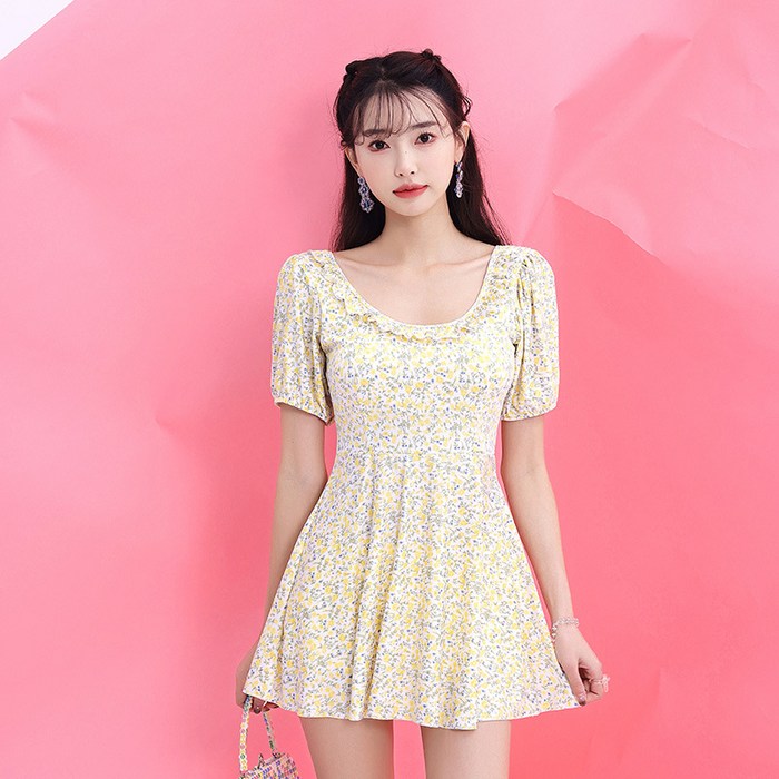 베베로사 반팔 잔꽃 셔링 원피스 프릴 모노키니 꽃 패턴 수영복 비치웨어 호캉스, 노랑 대표 이미지 - 꽃무늬 수영복 추천