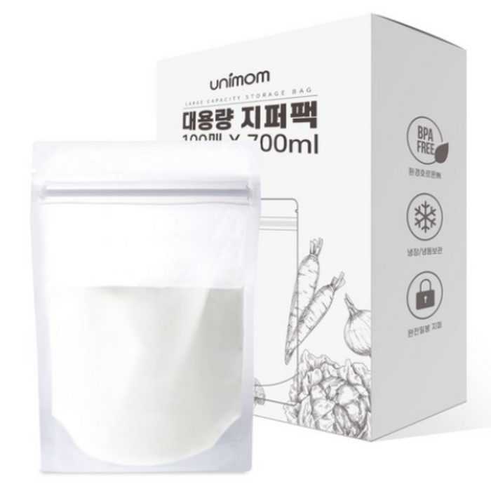 유니맘 대용량 지퍼백 700ml, 1개입, 100매 대표 이미지 - 모유저장팩 추천