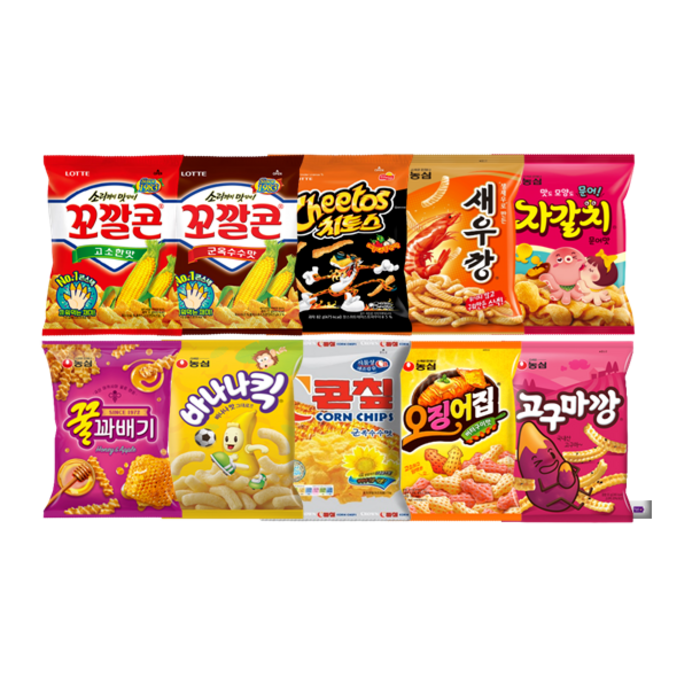 과자10종세트 꼬깔콘(고소한맛)+꼬깔콘(군옥수수맛)+치토스(바베큐맛)+새우깡+자갈치+꿀꽈배기+바나나킥+콘칲+오징어집+고구마깡+그레잇물티슈(10매), 과자10종_세트 대표 이미지 - 포테이토칩 추천