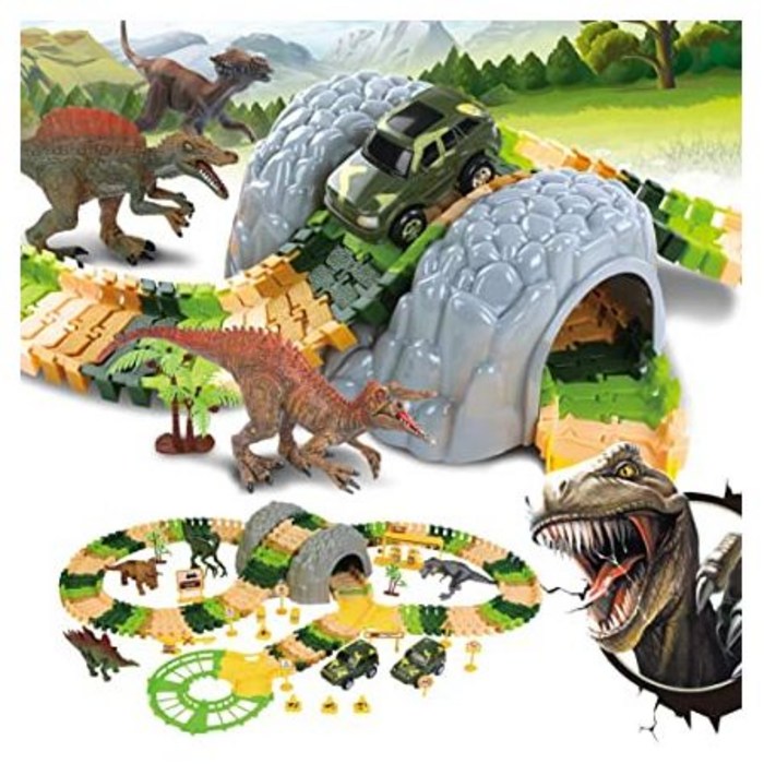 Dina Park Dinosaur Race Car Tracks Toys 184 PCS Flexible Track Train Play Sets with 4 Dino Figures, One Size