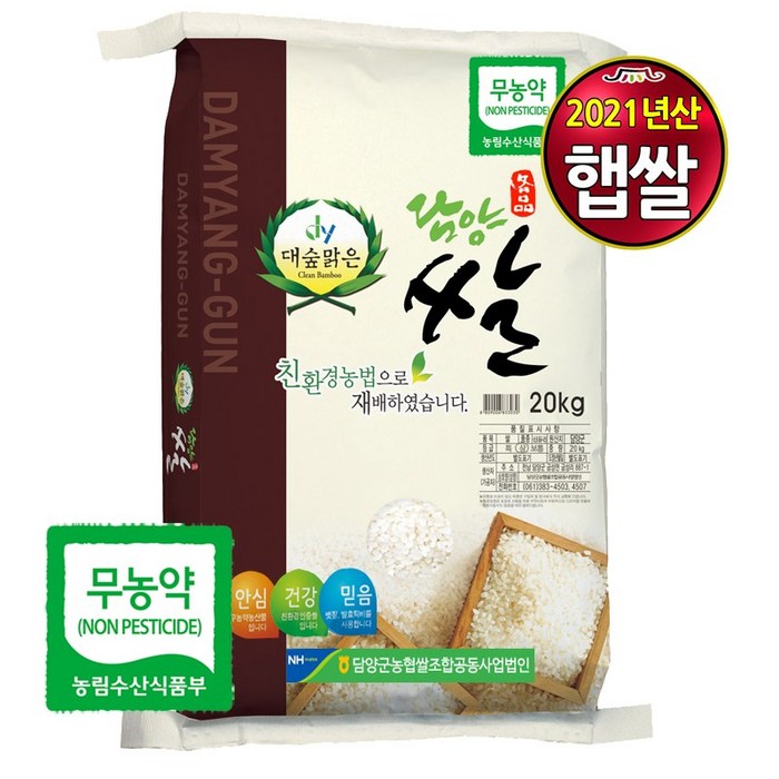 [21년 햅쌀] 담양군농협 당일도정 대숲맑은 무농약쌀, 1개, 20kg 대표 이미지 - 당일도정 쌀 추천