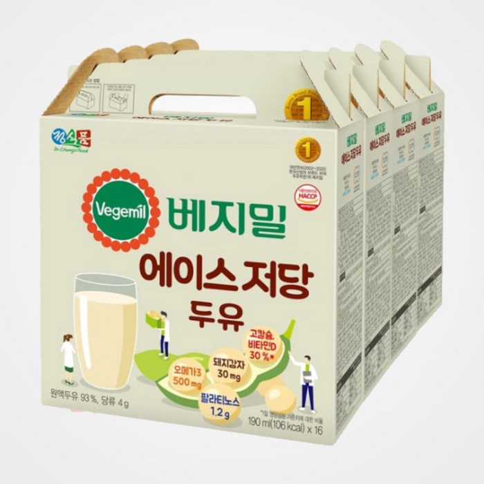 [지앤미co.] 달지않은 베지밀 에이스 저당 두유 190ml x 16 x 4 박스입., 64개 대표 이미지 - 저당 두유 추천