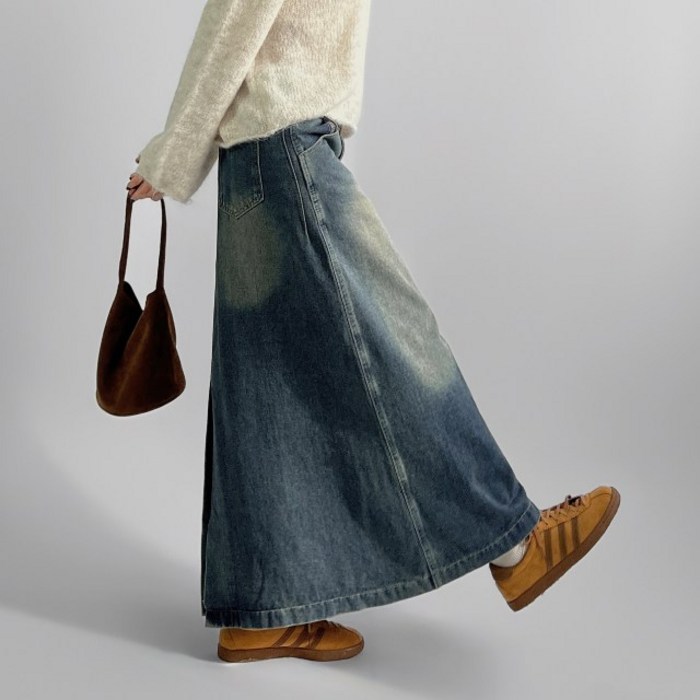 뮈츠 여성용 하비커버 빈티지 데님 맥시 롱스커트