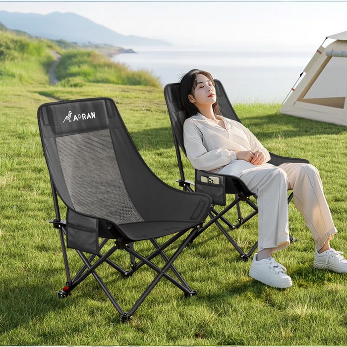 AORAN 각도조절 경량 접이식 캠핑 의자 세트, 2개, 블랙 두 배의 통기