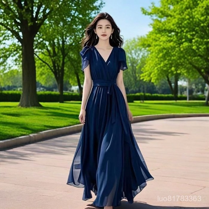 Yellwell 여성용 네이비 쉬폰 롱 원피스, 허리 리본 스트랩 드레스 LZZ