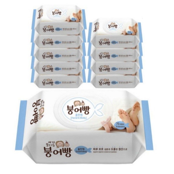 붕어빵 아기물티슈 올인원 고평량 70gsm 캡형 70매 10팩, 70매, 10개