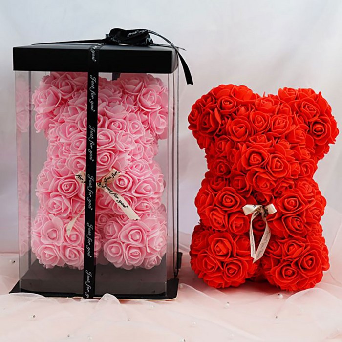 크래프트센터 장미꽃 곰돌이 여자친구 곰인형 생일선물 프러포즈 기념일 이벤트, 25cm 핑크